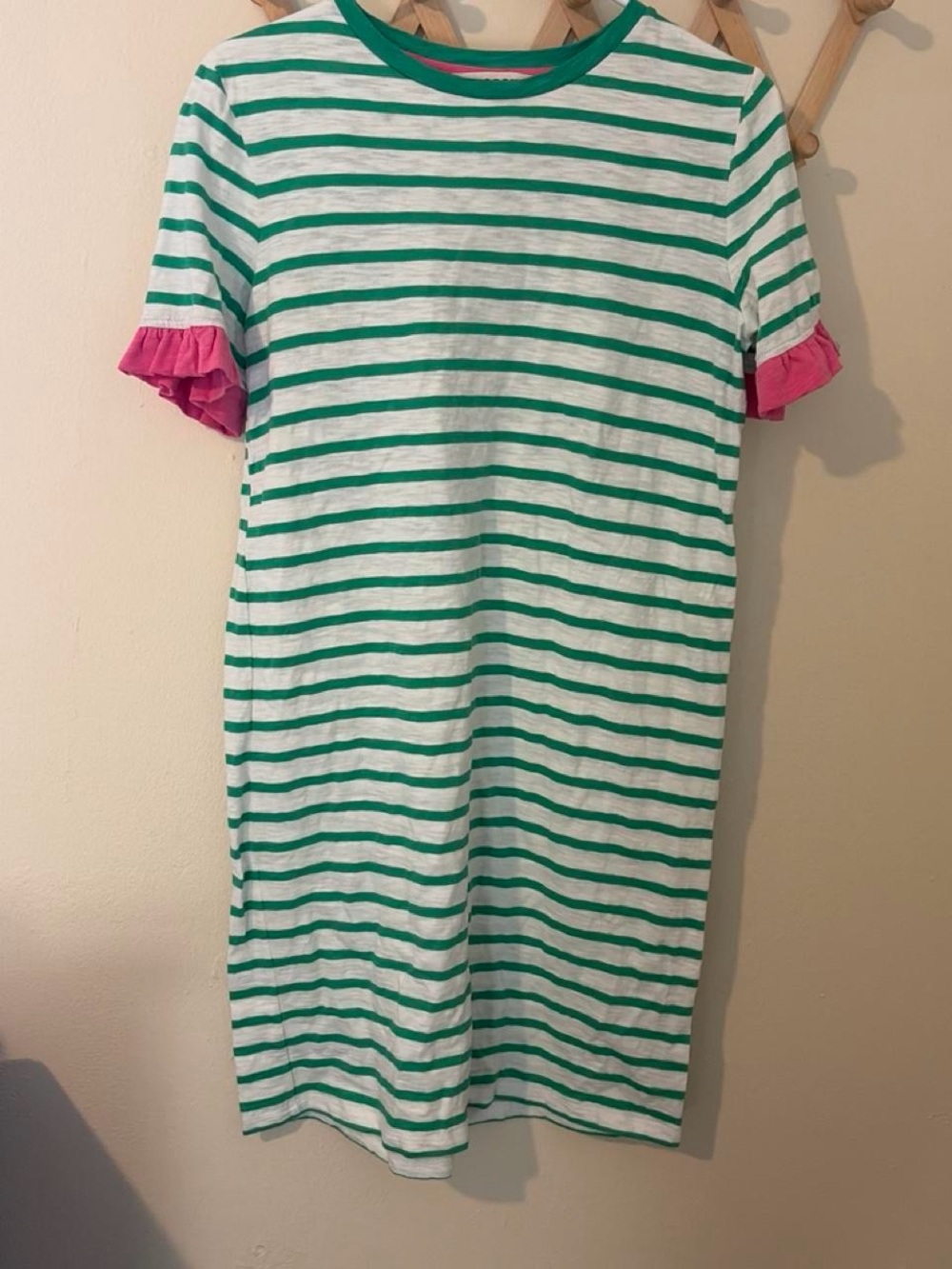 Boden Green & White Stripe Dress with Pink Ruffle Sleeves